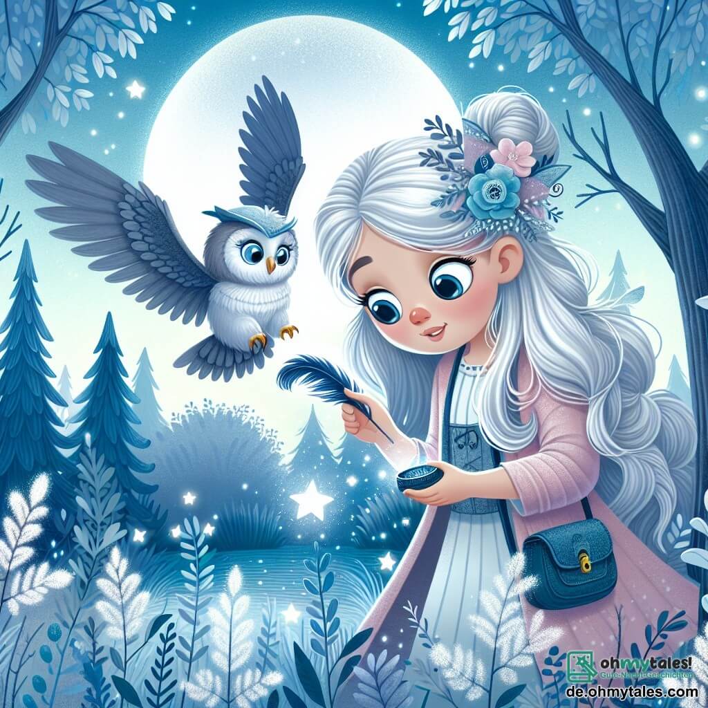 Une illustration destinée aux enfants représentant une jeune sorcière aux cheveux couleur de l'argent, découvrant une mystérieuse plume magique, accompagnée d'une gracieuse chouette étoilée, dans une clairière enchantée baignée par la lumière argentée de la lune.