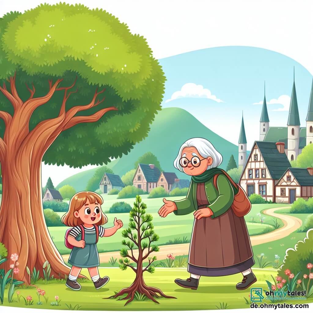 Une illustration destinée aux enfants représentant une fillette curieuse et pleine de vie découvrant un petit arbre solitaire dans une forêt enchantée, accompagnée de sa grand-mère sage et bienveillante, au cœur d'un village pittoresque entouré de champs verdoyants et de majestueux arbres centenaires.