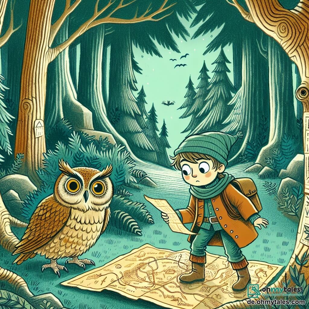 Une illustration destinée aux enfants représentant un jeune garçon intrépide découvrant une carte mystérieuse dans son jardin, accompagné d'une sage chouette aux grands yeux, alors qu'ils se tiennent à l'orée d'un dense et mystérieux bois aux arbres qui semblent murmurer des secrets anciens.