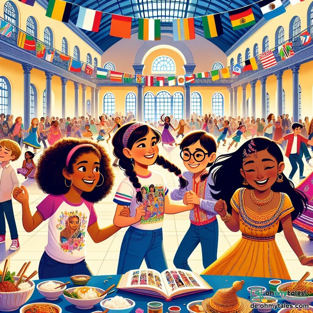 Illustration einer lebhaften Szene in einem belebten Kulturzentrum. Der Ort ist eine große, helle Halle mit hohen Decken, Wänden geschmückt mit bunten Flaggen verschiedener Nationen und Tischen, die mit traditionellen Gerichten aus aller Welt dekoriert sind. Im Zentrum versammeln sich vier Mädchen. Das erste Mädchen ist 12 Jahre alt, hat lockige braune Haare, trägt ein buntes T-Shirt und strahlt ein breites Lächeln aus. Neben ihr steht ein weiteres 12-jähriges Mädchen mit heller Haut und Brille, das ein aufgeschlagenes Buch mit Illustrationen hält. Das dritte Mädchen, afrikanischer Herkunft, hat dunkle Haut und geflochtene Haare, trägt ein farbenfrohes traditionelles Kleid und zeigt begeistert Tanzbewegungen. Schließlich hat das vierte Mädchen, asiatischer Herkunft, lange schwarze Haare und macht Fotos mit einer Kamera. Die Hauptsituation zeigt die Mädchen, die zusammen tanzen und die kulturelle Vielfalt feiern, umgeben von dem Lachen und den Applaus anderer Kinder. Bunte Luftballons schweben in der Luft, und Teller mit exotischen Gerichten sind auf den Tischen angerichtet, was eine festliche und herzliche Atmosphäre schafft.