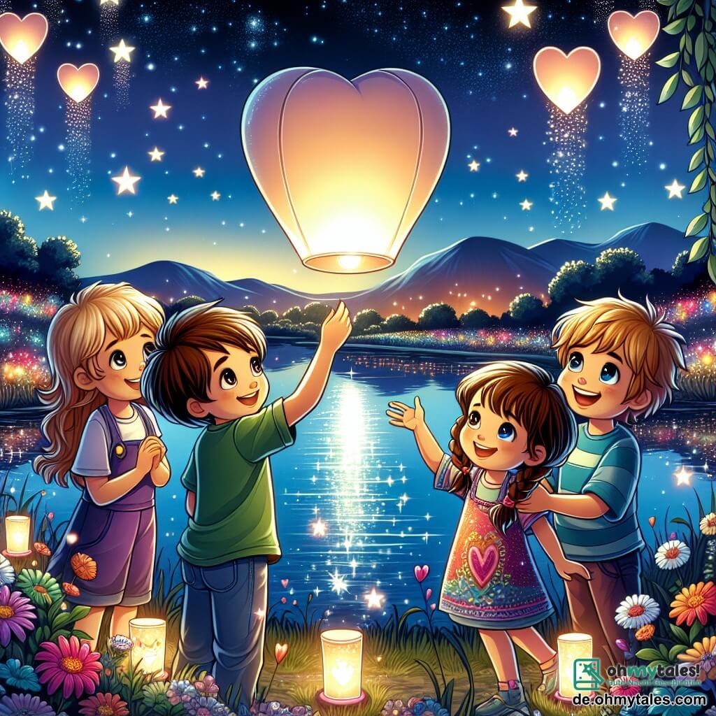 Eine Illustration zeigt eine wunderschöne nächtliche Landschaft am Ufer eines funkelnden Sees, wo die Sterne wie Diamanten in einem tiefen, sternenklaren Himmel leuchten. Im Vordergrund steht eine Gruppe von vier Kindern zusammen: ein zehnjähriger Junge mit zerzausten blonden Haaren und einem strahlenden Lächeln, der eine herzförmige Papierlaterne hält, die sanft leuchtet; ein zehnjähriges Mädchen mit langen braunen Haaren und funkelnden Augen, das die Laterne bewundernd betrachtet; ein zehnjähriger Junge mit Brille und braunen Haaren, der fröhlich lächelt und auf den Himmel zeigt; und ein zehnjähriges Mädchen mit Zöpfen und einem bunten Kleid, das begeistert applaudiert. Die Hauptszene zeigt die Kinder, die die Laterne in die Luft steigen lassen, das sanfte Licht erhellt ihre strahlenden Gesichter. Im Hintergrund spiegelt der See das Licht der Sterne und der Laterne wider, während bunte Blumen und herzförmige Bäume das Ufer säumen. Kleine glitzernde Feen fliegen um sie herum und verleihen der Atmosphäre einen Hauch von Magie.