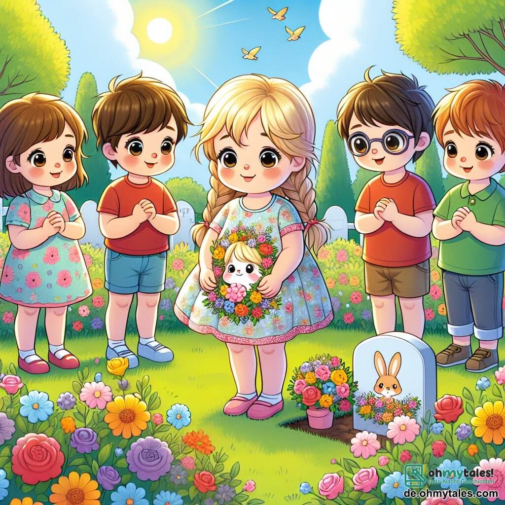 Illustration eines sonnigen Gartens, gefüllt mit bunten Blumen und üppigem Grün. In der Mitte steht ein etwa 6-jähriges Mädchen mit großen neugierigen Augen und geflochtenem blonden Haar vor einem kleinen Grab, das mit Blumen geschmückt ist. Sie trägt ein leichtes Kleid mit Blumenmuster und ein sanftes, aber melancholisches Lächeln. Neben ihr stehen drei Freunde: ein 7-jähriger Junge mit zerzausten braunen Haaren, der ein rotes T-Shirt und eine blaue Shorts trägt und das Mädchen mit Mitgefühl ansieht; ein 6-jähriges Mädchen mit braunen Haaren in einem rosa Kleid, das ein kleines Stofftier umarmt; und ein 8-jähriger Junge mit Brille, der ein grünes Polohemd trägt und nachdenklich wirkt. Das kleine Mädchen legt eine bunte Zeichnung auf das Grab, die einen fröhlichen Hasen darstellt, Symbol ihres verstorbenen Freundes. Die Freunde halten sich an den Händen und bilden einen unterstützenden Kreis um sie. Im Hintergrund ist der Himmel blau mit einigen bauschigen Wolken, und Vögel fliegen, was der Szene eine Note der Gelassenheit verleiht. Sonnenstrahlen erhellen den Garten und schaffen eine Atmosphäre, die sowohl traurig als auch hoffnungsvoll ist, symbolisierend für Erinnerung und ewige Liebe.