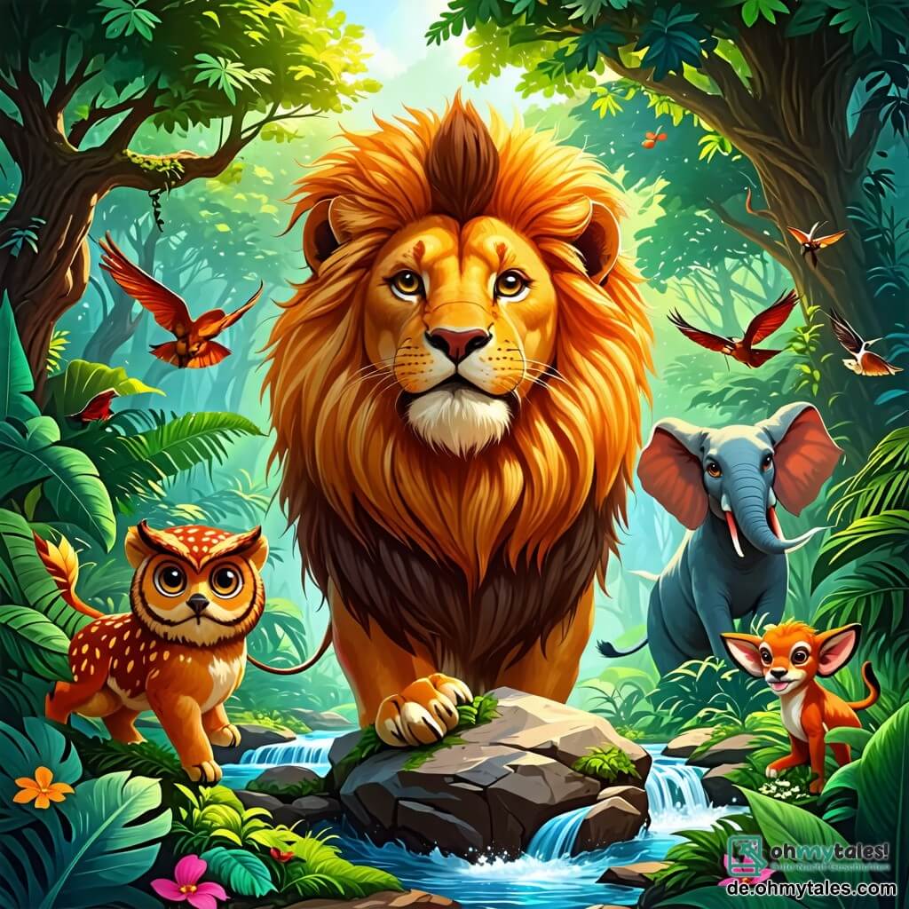 Une illustration sous forme de dessin destinée aux enfants représentant un dôme verdoyant d'un dschungel luxuriant, avec un majestueux lion au pelage doré et à la crinière flamboyante, se tenant fièrement au centre, entouré d'une sage chouette aux yeux ronds, d'un éléphant imposant aux grandes oreilles, et d'une gazelle agile, tous unis dans un effort collectif pour déplacer un énorme rocher qui bloque un ruisseau étincelant, symbolisant l'importance de l'amitié et de la coopération dans leur quête pour sauver leur habitat.