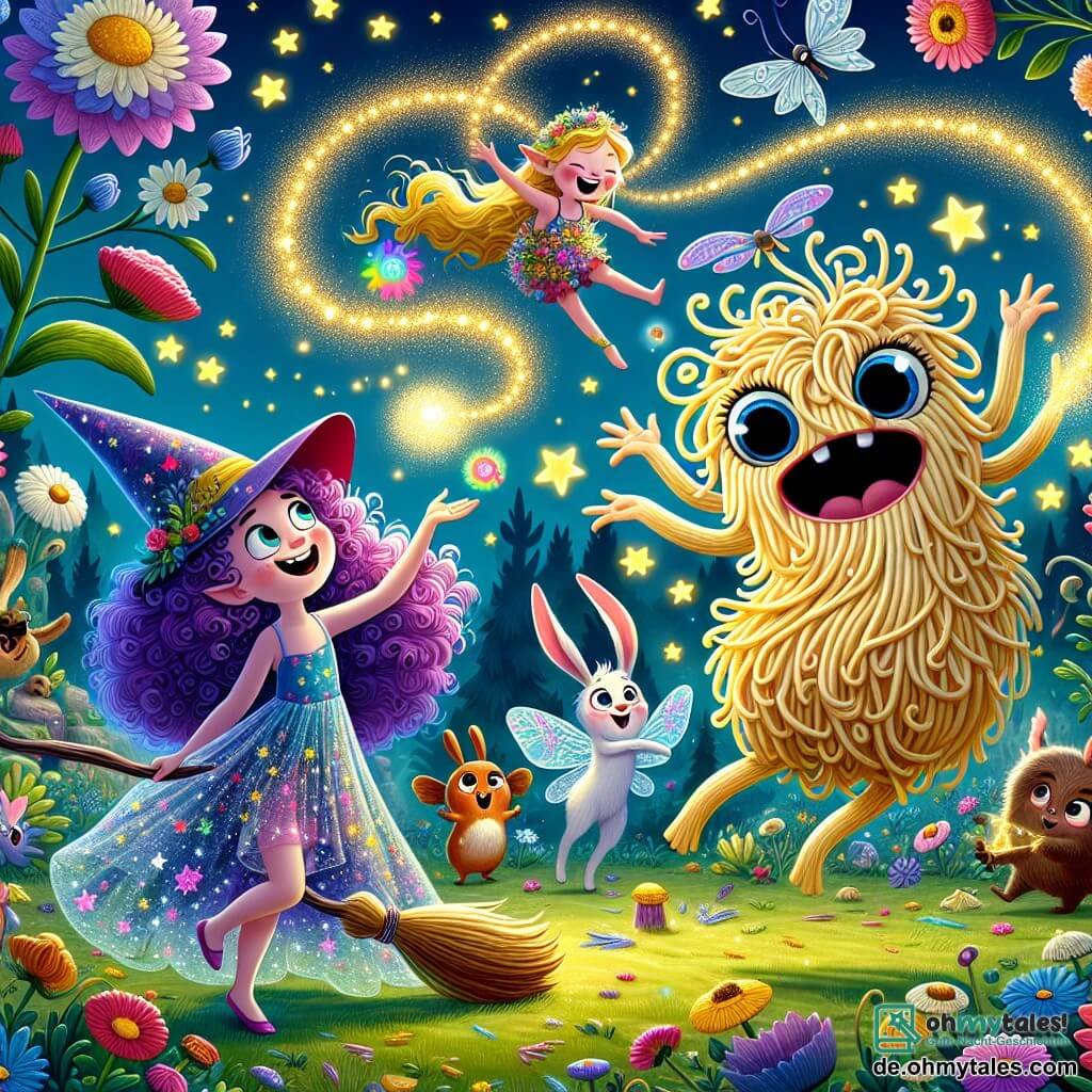 Illustration einer magischen Szene in einer verzauberten Lichtung, wo bunte Blumen im Rhythmus einer leichten Brise tanzen. Glühwürmchen funkeln herum und erhellen die Landschaft mit sanftem goldenem Licht. In der Mitte steht eine junge Hexe mit lockigem, violettem Haar, gekleidet in einem sternenbesäten Kleid und einem spitzen Hut, auf einem Besen. Sie lächelt fröhlich, während sie einen Zauber wirkt, umgeben von bunten magischen Fäden, die in der Luft schweben. Neben ihr fliegt eine kleine Elfe mit funkelnden Flügeln und goldenem Haar, etwa 8 Jahre alt, macht Pirouetten und verstreut Freude in Form von Glitzer. Ihr Gesicht strahlt vor einem großen Lächeln, und sie trägt ein Kleid aus Blütenblättern. Die Hexe, mitten im Zauber, lässt ein riesiges tanzendes Spaghetti-Monster erscheinen, das große runde Augen und ein schelmisches Lächeln hat. Die Zuschauer, eine Gruppe verzauberter Tiere wie Hasen und Vögel, beobachten die Szene mit Staunen, einige lachen und andere applaudieren. Zusätzliche Elemente sind leuchtende Sterne am Nachthimmel und das Geräusch von Lachen, das in der Luft schwebt, was eine fröhliche und festliche Atmosphäre schafft.