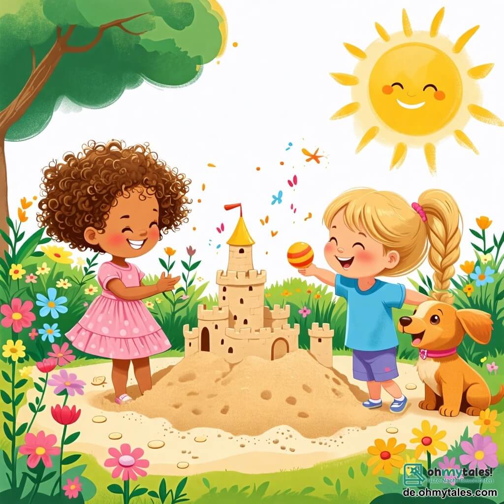 Une illustration sous forme de dessin destinée aux enfants représentant un jardin ensoleillé avec des fleurs colorées et un grand bac à sable, où une petite fille de 2 ans aux cheveux bouclés et aux yeux pétillants, vêtue d'une robe rose, construit une grande château de sable avec enthousiasme, tandis qu'à ses côtés, une petite fille de 2 ans aux cheveux blonds et tressés, portant un t-shirt bleu, rit en lançant un petit ballon vers un chien espiègle qui s'approche joyeusement, créant ainsi une scène pleine de joie et d'amitié.