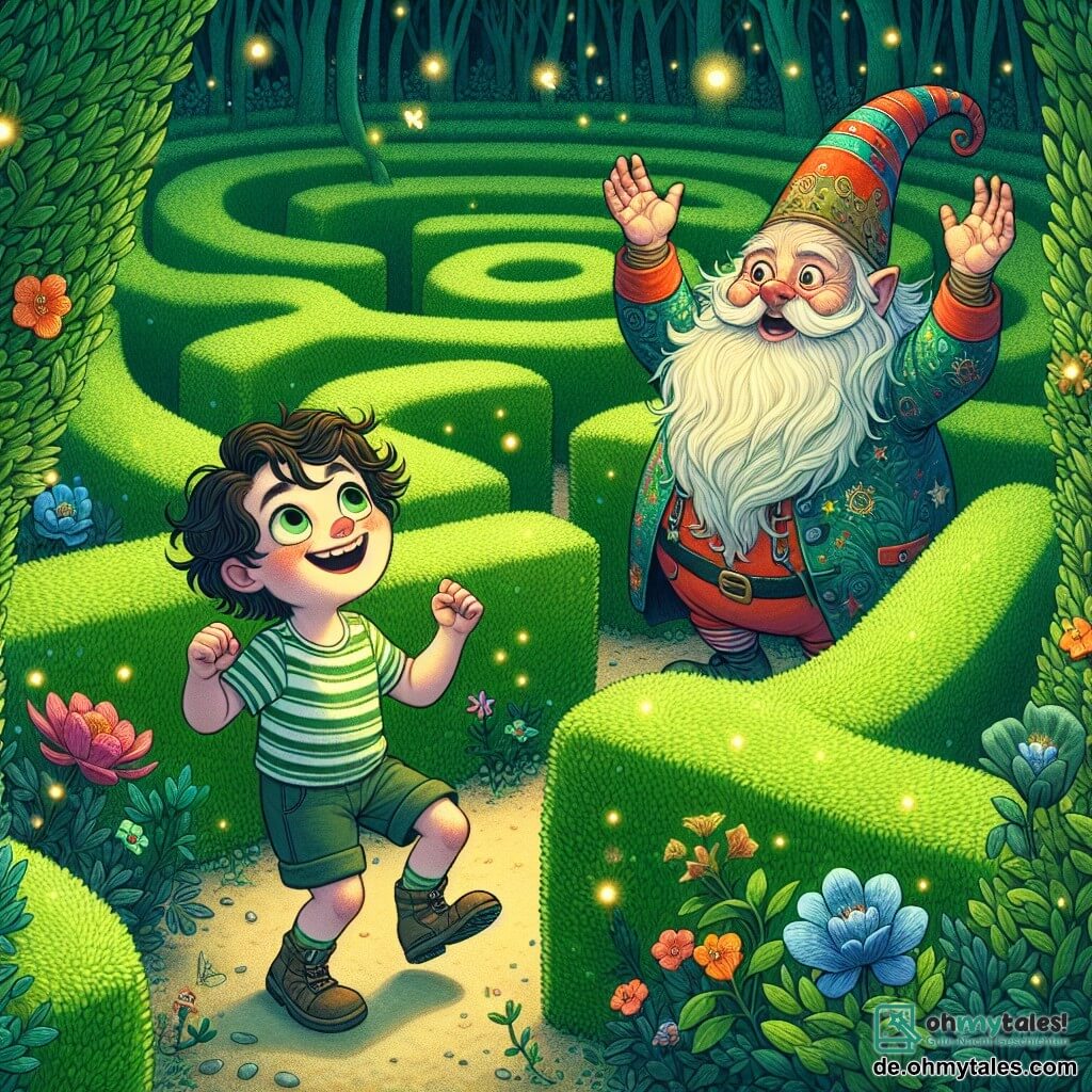 Eine Illustration zeigt eine magische Szene im Herzen eines grünen Labyrinths, wo hohe Buchsbaumhecken wellenförmige Wände bilden, durchzogen von bunten Blumen und kleinen, funkelnden Glühwürmchen. In der Mitte tanzt ein 11-jähriger Junge mit zerzausten braunen Haaren und neugierigen, strahlenden Augen fröhlich, ein breites Lächeln auf seinem Gesicht. Er trägt ein gestreiftes T-Shirt und Shorts, seine Arme sind erhoben, als würde er seinen Sieg feiern. In der Nähe applaudiert ein fröhlicher Gnom, etwa 60 Jahre alt, mit einem buschigen Bart und einem bunten Frack, begeistert, seine Augen glänzen vor Schalk. Der Gnom steht auf einem kleinen Felsen und verleiht der Szene einen Hauch von Magie. Die Hauptsituation zeigt den Jungen, der tanzt und lacht, umgeben von der verzauberten Grünfläche des Labyrinths, während tanzende Bäume mit lächelnden Gesichtern ihn mit ihren Ästen anfeuern. Lichtblitze und funkelnde Sterne schweben um sie herum und schaffen eine Atmosphäre von Freude und Staunen, die die Herausforderung symbolisieren, die er gerade erfolgreich gemeistert hat.
