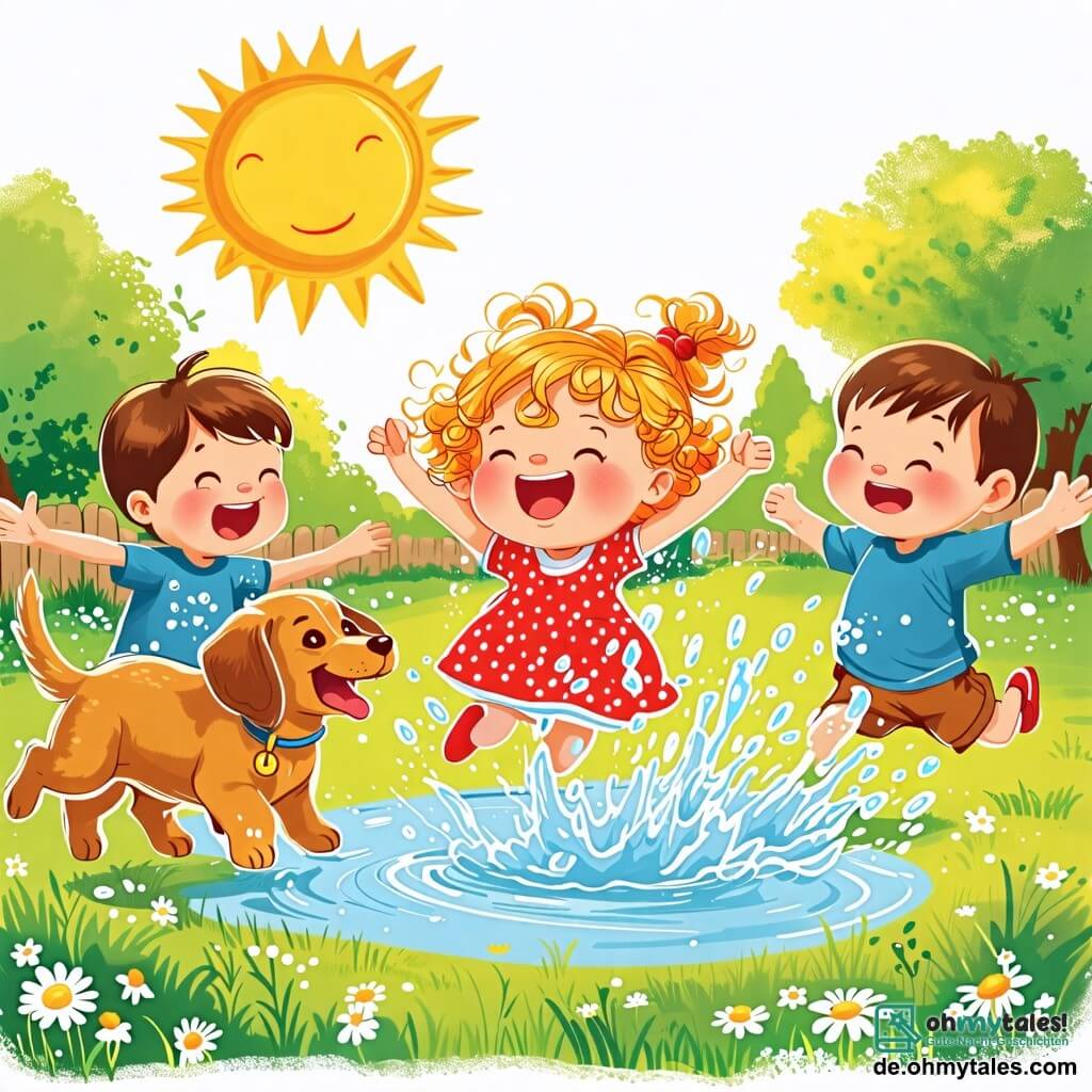 Une illustration sous forme de dessin destinée aux enfants représentant un jardin ensoleillé avec une grande flaque d'eau au centre, où une petite fille de 2 ans aux cheveux bouclés et blonds, portant une robe rouge à pois, saute joyeusement dans l'eau, éclaboussant autour d'elle, tandis qu'un petit chien marron aux grandes oreilles, avec une langue pendante, court après elle en aboyant, et un garçon de 3 ans aux cheveux bruns et en t-shirt bleu, rit en sautant dans la flaque, créant une scène pleine de rires et de joie d'amitié.