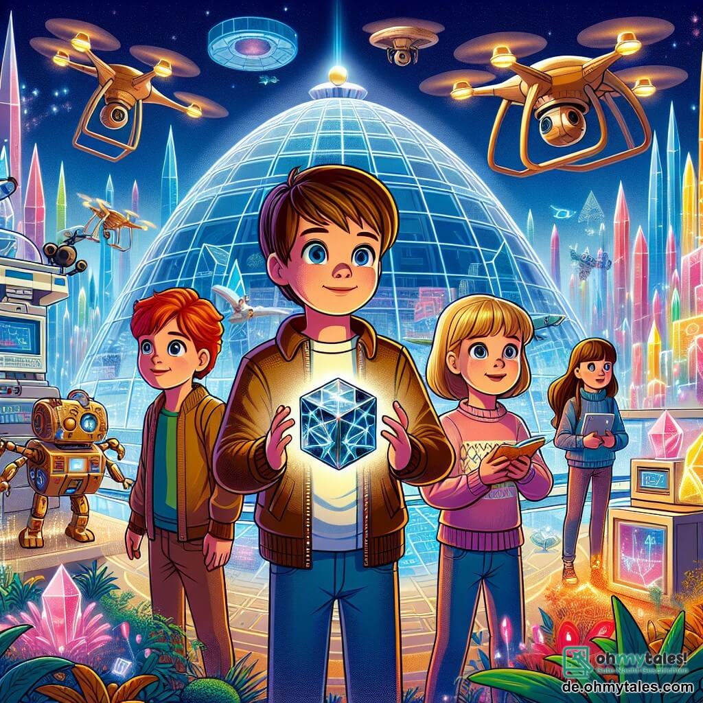 Une illustration sous forme de dessin destinée aux enfants représentant une scène animée dans la ville futuriste de Neonopolis, avec des bâtiments en cristal aux couleurs changeantes et des drones flottants dans le ciel, où un groupe de quatre enfants de 9 ans (deux garçons aux cheveux bruns et roux, et deux filles aux cheveux blonds et châtains) se tient devant un grand observatoire, l'un des garçons tenant un mystérieux cube métallique, tandis que les autres regardent avec curiosité et excitation, entourés de hologrammes colorés et de végétation lumineuse, illustrant leur quête pour résoudre le mystère du cube et retourner chez eux.