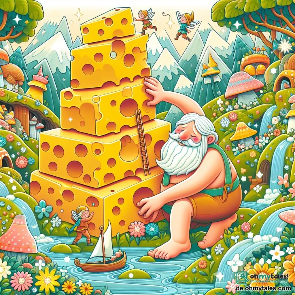 Une illustration destinée aux enfants représentant un géant maladroit tombant dans une immense pile de fromage, aidé par une joyeuse bande de lutins, dans la vallée enchantée aux fleurs multicolores et aux rivières scintillantes.