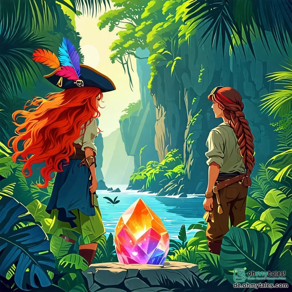 Eine Illustration zeigt eine spannende Szene auf einer geheimnisvollen Insel, umgeben von hohen, grünen Klippen und einem dichten Blätterdach tropischer Pflanzen. Im Zentrum steht eine entschlossene Frau mit langen, wehendem roten Haar, die einen mit bunten Federn geschmückten Piratenhut trägt. Sie steht vor einem alten Steinaltar, auf dem ein leuchtender, mehrfarbiger Kristall, das Herz des Meeres, liegt, beleuchtet von Sonnenstrahlen, die durch die Bäume dringen. An ihrer Seite beobachtet ein etwa zehnjähriges Mädchen mit geflochtenen braunen Haaren und neugierigen Augen, das einen kleinen Holzsäbel hält, fasziniert den Kristall. Im Hintergrund steht ein etwa dreißigjähriger Mann mit einem struppigen Bart und einem roten Bandana, bereit, seine Crew zu verteidigen, mit angespannten Muskeln und wachsamen Blick. Die Hauptsituation zeigt die Frau, die bereit ist, den Kristall zu ergreifen, während bedrohliche Silhouetten im Schatten der Bäume auftauchen und auf eine bevorstehende Gefahr hinweisen. Sanfte Wellen brechen am Ufer, und exotische Vögel fliegen darüber hinweg und verleihen dieser Abenteuerszene Leben.