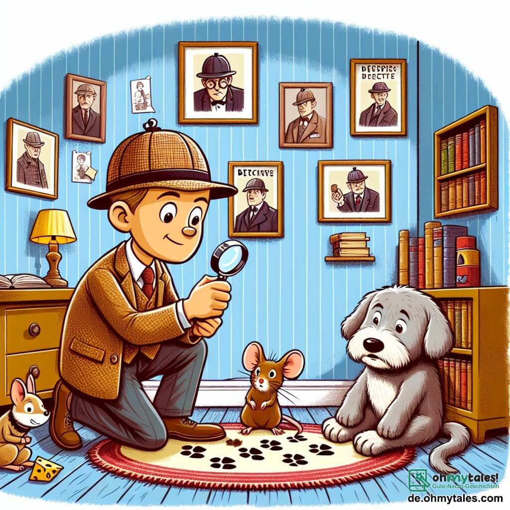 Une illustration sous forme de dessin destinée aux enfants représentant un petit bureau de détective, avec des murs tapissés de livres et des photos de célèbres détectives, où un homme au chapeau rond et à la loupe à la main examine des empreintes de pattes sur un tapis usé, tandis qu'une petite souris brune, avec de grands yeux curieux, l'observe anxieusement, et un vieux chien assis dans un coin, avec un pelage gris, semble écouter attentivement leur conversation sur le mystérieux vol de fromage.