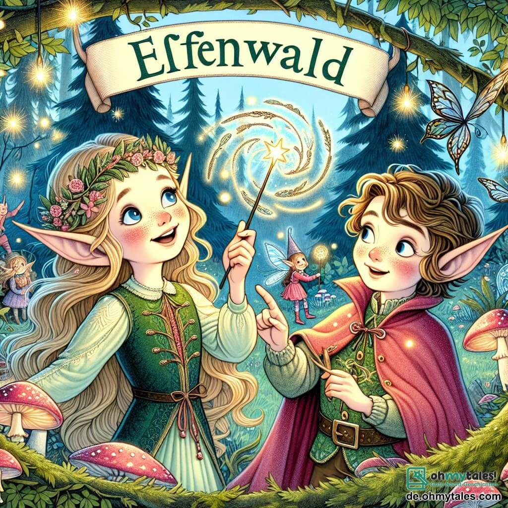 Une illustration destinée aux enfants représentant une jeune elfe espiègle découvrant un mystère avec son ami, un garçon elfe farceur, dans le magnifique Elfenwald, un endroit enchanté rempli de bâtons lumineux, de champignons brillants et d'arbres qui chuchotent des secrets.