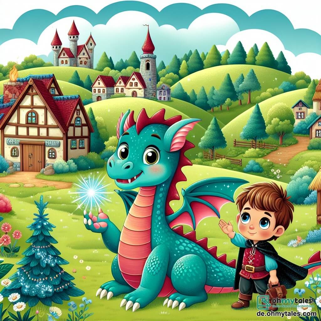 Une illustration destinée aux enfants représentant un dragon étincelant de couleur turquoise, un garçon curieux et son fidèle ami, une petite fille dragon aux écailles rouge vif, dans un village pittoresque entouré de verdoyantes prairies et de douces collines.