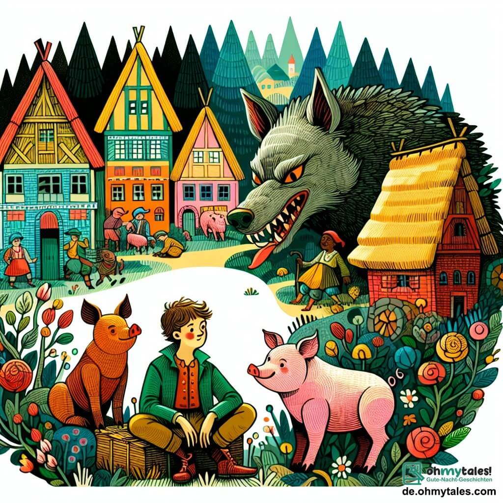 Une illustration destinée aux enfants représentant une jeune cochonne, deux frères cochons, un loup rusé et affamé, dans un village pittoresque aux maisons colorées et aux toits de chaume, où se déroule une aventure pleine de rebondissements et d'enseignements.