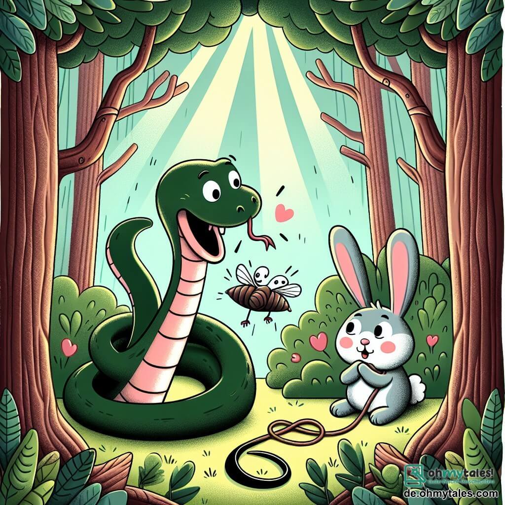 Une illustration destinée aux enfants représentant un serpent malicieux et joueur, une situation de sauvetage audacieux, un petit lapin doux et reconnaissant, dans une forêt enchantée aux arbres touffus et aux rayons de soleil filtrant à travers les feuilles.