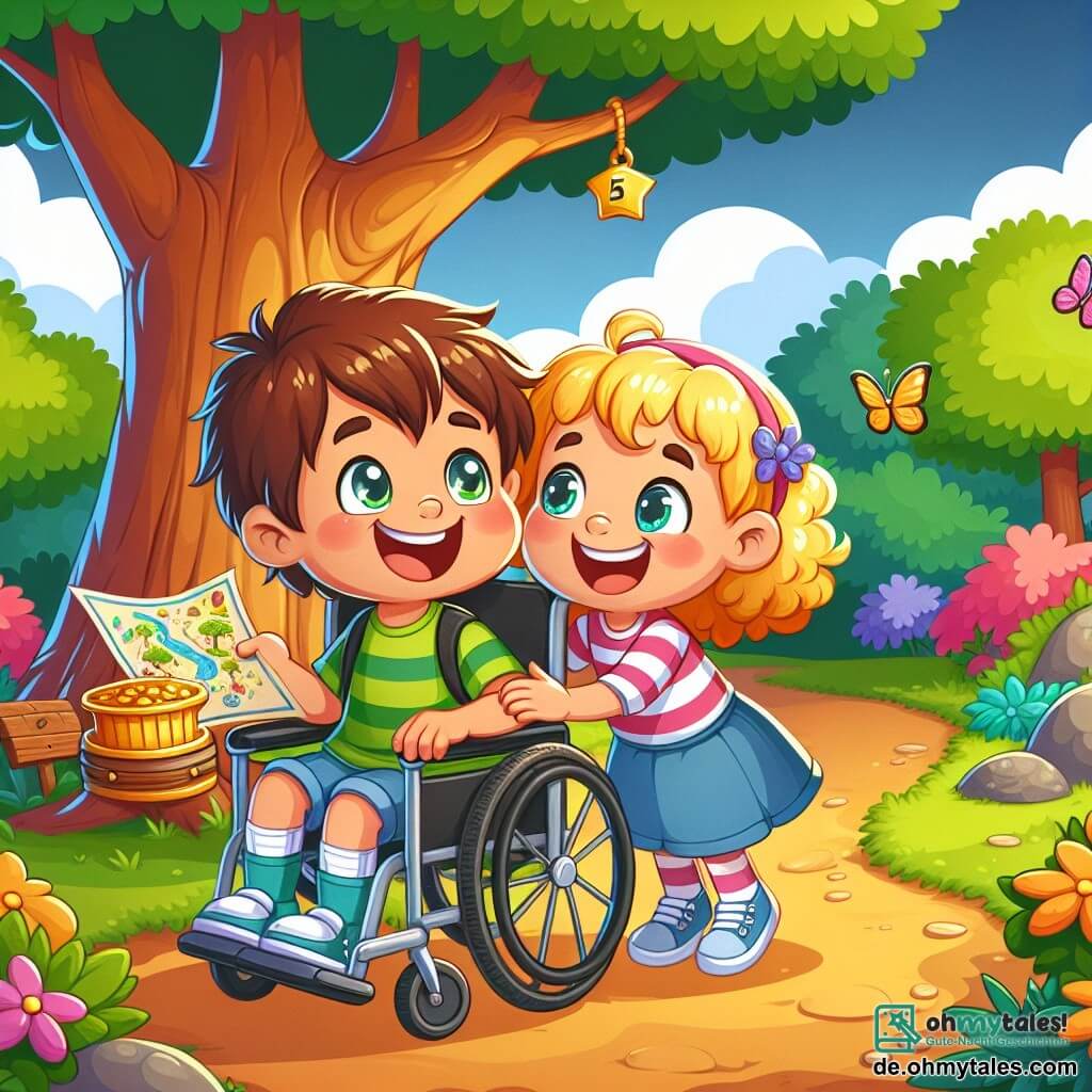 Une illustration sous forme de dessin destinée aux enfants représentant un parc ensoleillé avec des arbres colorés et des fleurs éclatantes, où un garçon de 5 ans aux cheveux bruns et aux yeux pétillants, assis dans un fauteuil roulant, sourit joyeusement en tenant une carte au trésor, tandis qu'une fille de 6 ans aux cheveux blonds et bouclés, debout à côté de lui, l'encourage avec enthousiasme à chercher un trésor caché sous un grand arbre, illustrant ainsi l'amitié et l'entraide malgré les différences.