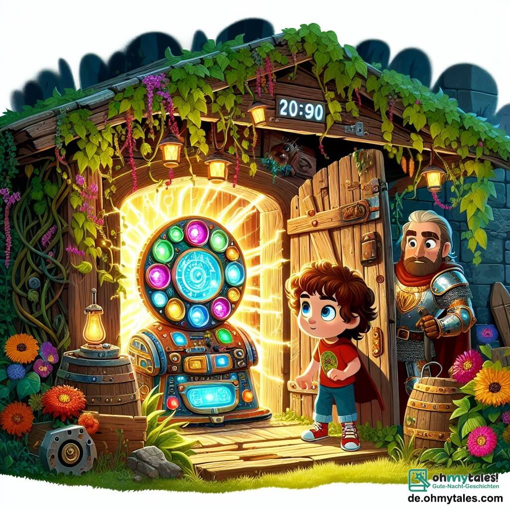 Eine Illustration zeigt einen alten Holzschuppen, überwuchert von Kletterpflanzen und bunten Blumen, mit einer leicht quietschenden Holztür. In der Mitte steht eine glänzende, futuristische Zeitmaschine mit blinkenden Lichtern und bunten Knöpfen. Im Vordergrund steht ein 7-jähriger Junge mit lockigem, kastanienbraunem Haar, der ein rotes T-Shirt und eine blaue Shorts trägt. Sein Gesicht strahlt vor Aufregung mit großen, leuchtenden Augen. Er steht vor der Maschine, die Hände auf den Knöpfen, bereit, einen zu drücken, sein Lächeln voller Begeisterung. Neben ihm beobachtet ein etwa 30-jähriger Ritter in schimmernder Rüstung mit brauner Bart und durchdringenden Augen den Jungen wohlwollend. Er hält ein großes, bunt verziertes Schild und hat ein Schwert an seinem Gürtel, bereit, seine Geschichten von Tapferkeit zu teilen. Die Szene fängt den Moment ein, in dem der Junge sich darauf vorbereitet, die Maschine zu aktivieren, umgeben von einer magischen Atmosphäre mit Lichtblitzen und funkelnden Sternen, die die Zeitreise hervorrufen. Grafische Elemente wie alte Uhren und Geschichtsbücher sind verstreut und verleihen der Illustration einen Hauch von Geheimnis und Abenteuer.