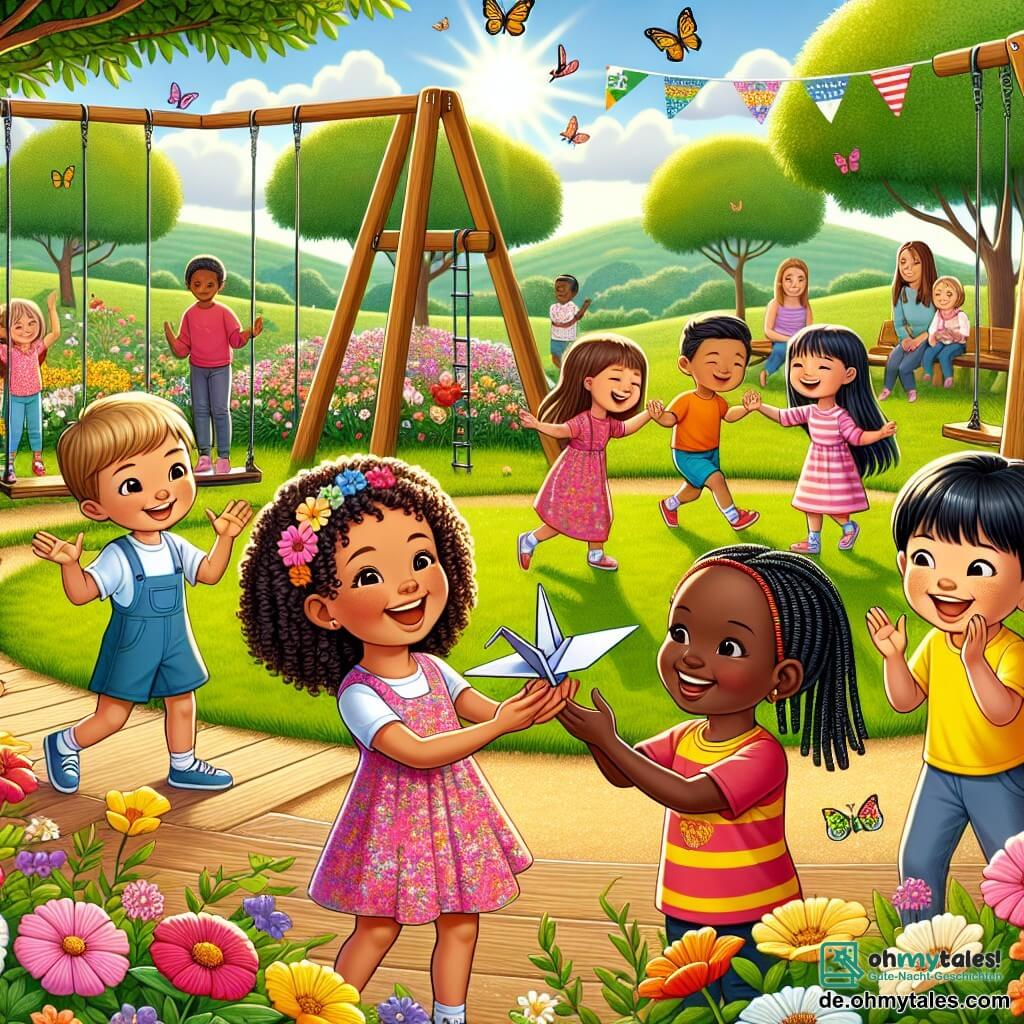 Illustration eines großen sonnigen Parks, gefüllt mit bunten Blumen und grünen Bäumen. In der Mitte spielt eine Gruppe von Kindern fröhlich auf einem Holzspielplatz mit Schaukeln und einer Rutsche. Es gibt drei Mädchen: Eines ist ein etwa 8-jähriges Mädchen mit lockigem braunem Haar, das ein blühendes rosa Kleid trägt und lachend einen Origami-Kranich hält. Neben ihr zeigt ein 9-jähriges kenianisches Mädchen mit dunkler Haut und Zöpfen ein traditionelles Spiel, indem es in die Hände klatscht. Schließlich lächelt ein asiatisches Mädchen mit glattem schwarzem Haar, ebenfalls etwa 8 Jahre alt, während es die anderen ansieht und ein leuchtend gelbes T-Shirt trägt. Die Szene fängt die Freude an Freundschaft und interkulturellem Lernen ein, mit Kindern unterschiedlicher Herkunft, die Spiele und Lachen teilen. Im Hintergrund beobachten Eltern und andere Kinder interessiert, während bunte Schmetterlinge um die Blumen fliegen. Fahnen verschiedener Nationen wehen sanft im Wind und symbolisieren Vielfalt und Harmonie.
