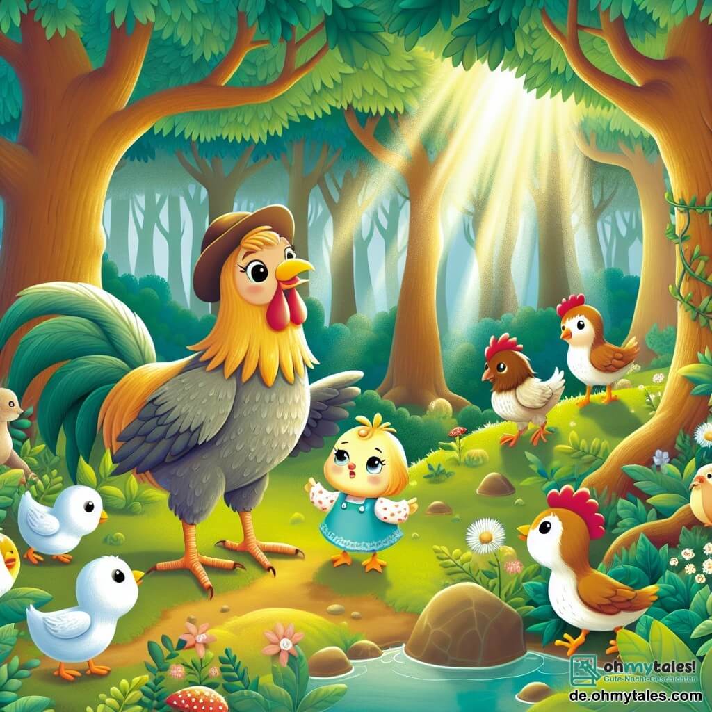 Une illustration destinée aux enfants représentant une poule fillette curieuse vivant sur un paisible ferme, rencontrant un petit poussin égaré, accompagnée de ses amis animaux, explorant un dense et mystérieux bois enchanté aux arbres majestueux et aux rayons de soleil filtrant à travers les feuilles.