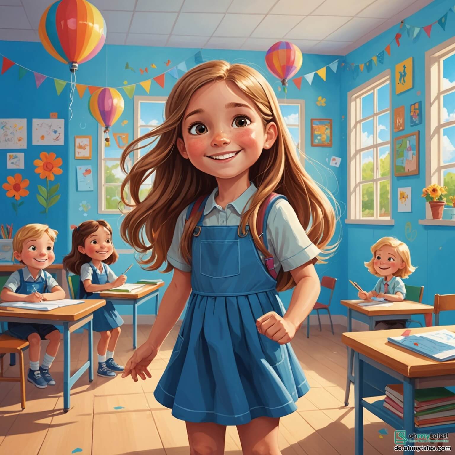 Une illustration destinée aux enfants représentant une petite fille aux longs cheveux bruns, rayonnante de joie, se tenant devant une salle de classe colorée avec des murs peints en bleu ciel et des dessins d'animaux et de fleurs accrochés, tandis qu'un garçon aux cheveux blonds et au sourire éclatant l'encourage à surmonter ses doutes sur l'écriture, dans un environnement scolaire rempli de lumière et de créativité.
