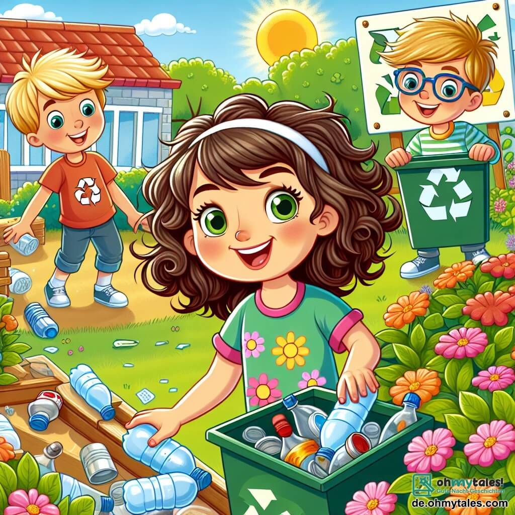 Une illustration sous forme de dessin destinée aux enfants représentant un jardin scolaire ensoleillé, où une fille de 11 ans aux cheveux bruns bouclés et aux yeux verts, vêtue d'un t-shirt coloré avec des fleurs, montre avec enthousiasme à ses camarades comment trier les déchets dans des bacs de recyclage, tandis qu'un garçon aux cheveux blonds et un autre enfant avec des lunettes, tous deux souriants, l'aident à ramasser des bouteilles en plastique et des papiers, le tout entouré de plantes fleuries et d'un grand panneau coloré sur l'écologie.