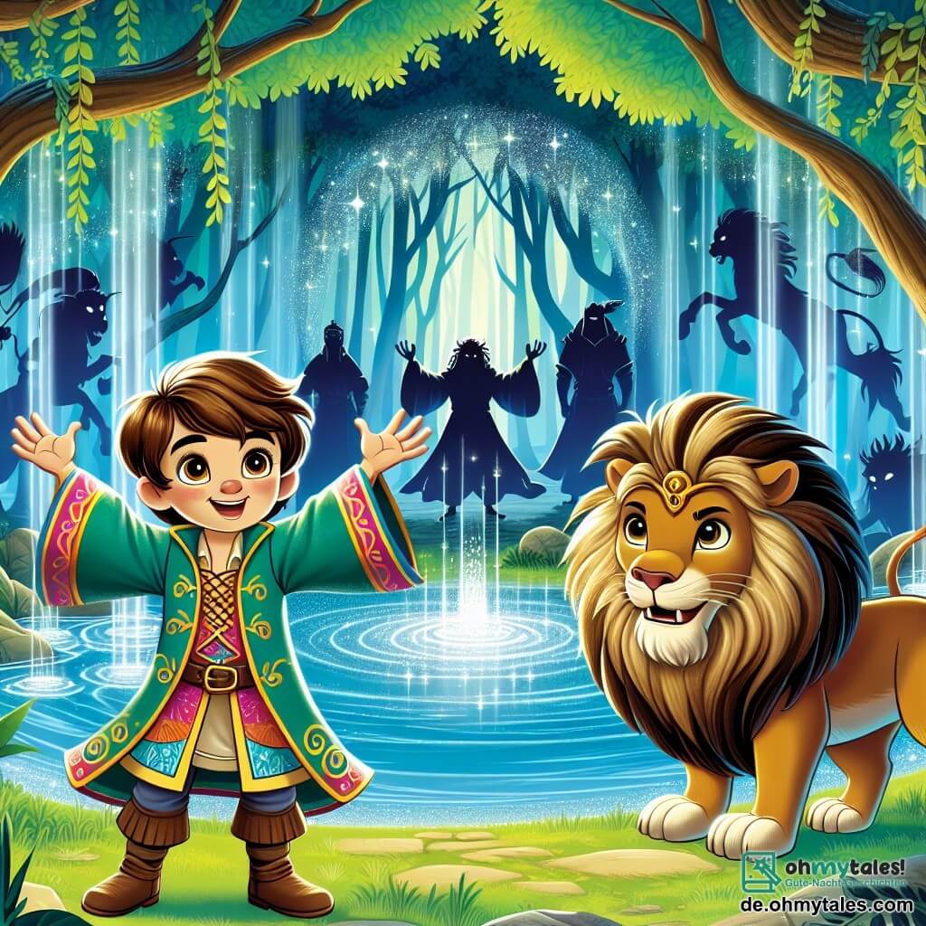 Une illustration sous forme de dessin destinée aux enfants représentant une clairière enchantée au cœur d'un mystérieux forêt, où un jeune homme aux cheveux bruns et aux yeux pétillants, vêtu d'une tunique colorée, se tient courageusement devant une source scintillante, levant les bras pour invoquer des esprits de héros légendaires, tandis qu'à ses côtés, un lion majestueux avec une crinière dorée l'observe avec fierté, et des silhouettes de guerriers anciens émergent doucement de la lumière, prêts à l'aider dans sa quête pour vaincre un tyran maléfique.
