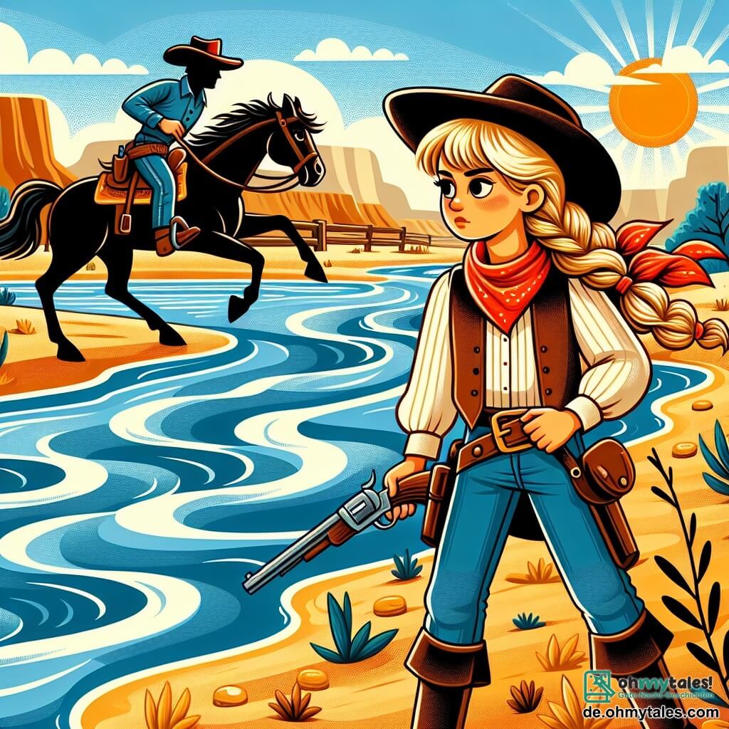 Une illustration destinée aux enfants représentant une jeune cowgirl courageuse, affrontant des bandits au bord d'un fleuve scintillant sous le soleil brûlant de la Prérie du Far West, accompagnée de son fidèle cheval noir.