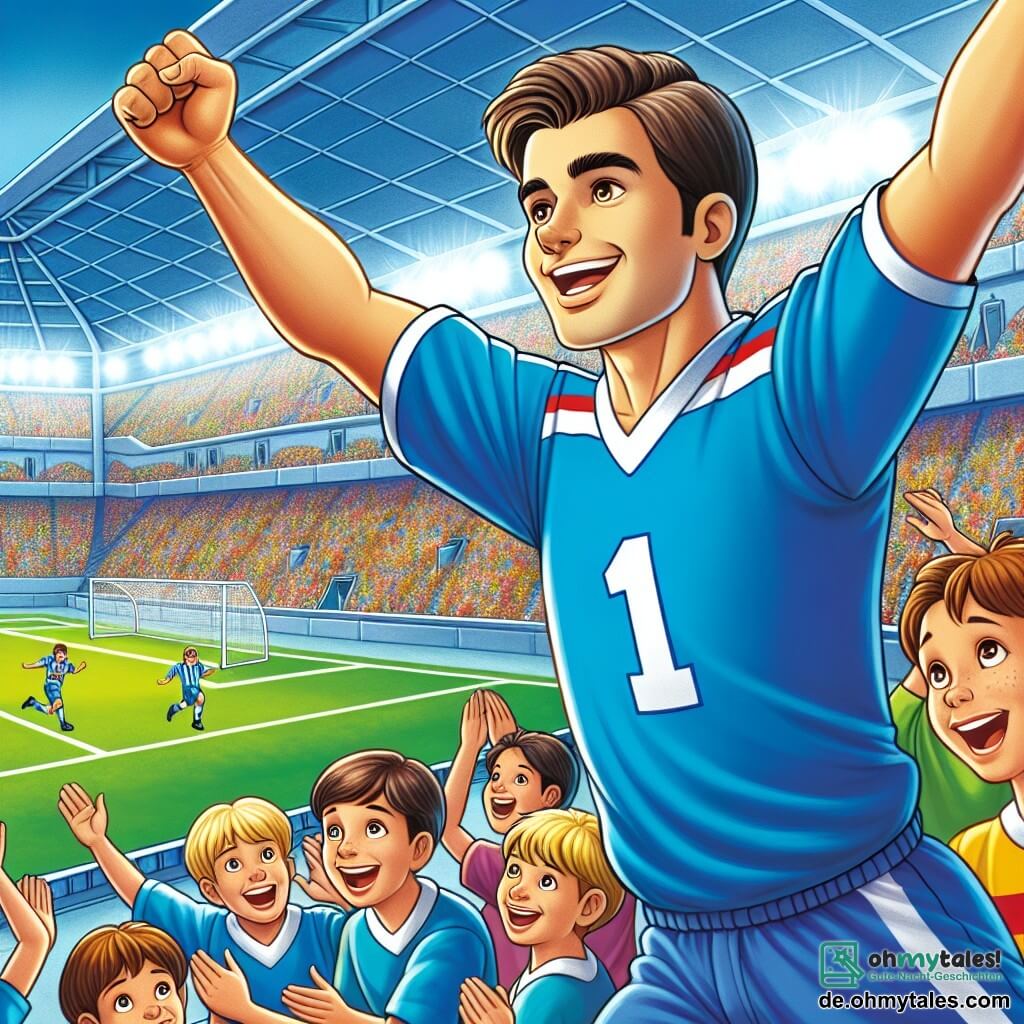 Une illustration sous forme de dessin destinée aux enfants représentant un grand stade de football vibrant de couleurs, avec un homme athlétique aux cheveux bruns et courts, portant un maillot de son équipe, célébrant joyeusement après avoir marqué un but, tandis qu'un groupe de jeunes garçons aux cheveux blonds et châtains, habillés en tenues de football, l'acclament avec des sourires éclatants, capturant l'excitation et la camaraderie d'un moment de victoire dans le sport.