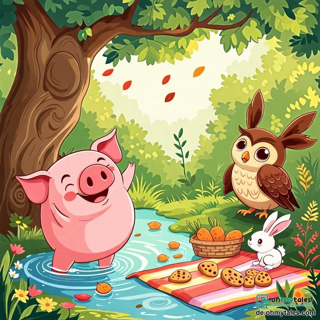 Une illustration sous forme de dessin destinée aux enfants représentant un charmant coin de forêt ensoleillé avec un grand arbre feuillu, où un cochon rose et rond, avec un large sourire et des yeux pétillants, se relève d'un petit étang après être tombé à l'eau, tandis qu'une sage chouette aux plumes brunes et un joyeux lapin aux grandes oreilles, tous deux riant aux éclats, se tiennent à côté d'une nappe colorée remplie de carottes et de biscuits, capturant l'esprit d'un amusant pique-nique entre amis.