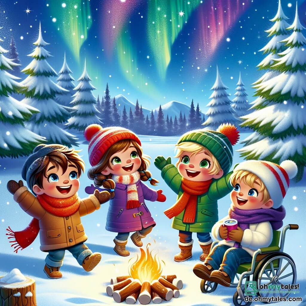Illustration einer verzauberten Lichtung im Winter, wo der Schnee unter einem hellblauen Himmel glitzert. Majestätische Bäume, bedeckt mit Schnee, umgeben die Szene, ihre Äste geschmückt mit Eiskristallen, die in der Sonne wie Diamanten funkeln. Im Mittelpunkt stehen vier Freunde: ein etwa 8-jähriger Junge mit zerzausten braunen Haaren, der eine rote Mütze und einen gestreiften Schal trägt und fröhlich lächelt; ein 9-jähriger Junge mit Brille und blonden Haaren, der lachend tanzt; ein 7-jähriges Mädchen mit Zöpfen und einem lila Mantel, das staunend zum Himmel schaut; und ein 10-jähriger Junge, der in einem Rollstuhl sitzt, mit braunen Haaren und einem warmen Lächeln, der eine Tasse heiße Schokolade hält. Die Hauptszene zeigt die Freunde, die um ein Lagerfeuer tanzen und lachen, mit funkelnden Sternen über ihnen und bunten Nordlichtern, die den Himmel erleuchten. Sanfte Schneeflocken fallen und verleihen der Atmosphäre einen magischen Touch. Fußabdrücke im Schnee führen in den Wald und deuten auf ein bevorstehendes Abenteuer hin.