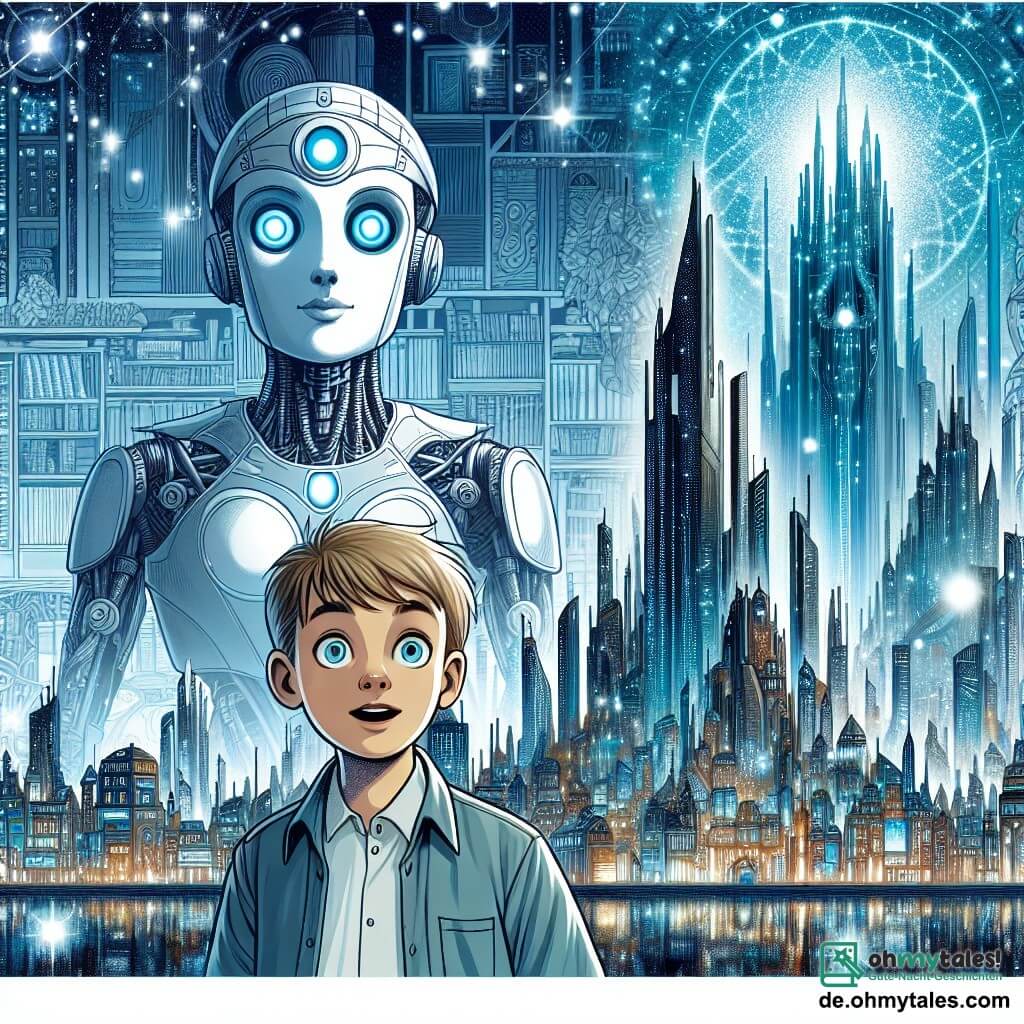 Une illustration destinée aux enfants représentant un garçon aux yeux écarquillés, une robot-femme bienveillante, des bâtiments futuristes scintillants et un grand tour sombre enveloppé d'ombres, dans une ville magique où la technologie et la magie se mélangent.
