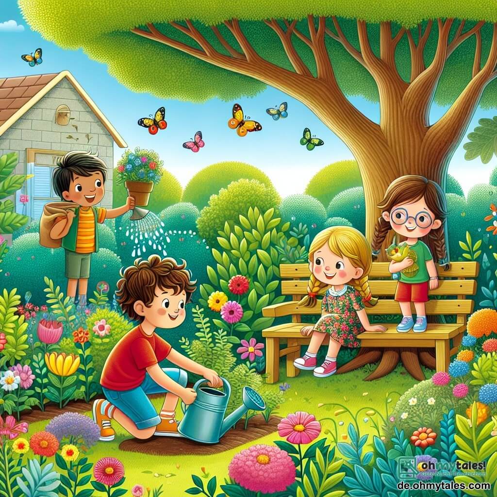 Eine Illustration zeigt einen sonnigen Garten, gefüllt mit bunten Blumen und grünen Sträuchern, mit einer alten Holzbank im Schatten einer großen Eiche. Im Vordergrund hockt ein 12-jähriger Junge mit braunen Locken, der ein rotes T-Shirt und blaue Shorts trägt, lächelnd und zieht Unkraut. Neben ihm hält ein 11-jähriges Mädchen mit blonden Zöpfen, das ein Blumenkleid trägt, eine Gießkanne und gießt vorsichtig eine kleine Pflanze. Im Hintergrund sammelt ein anderer 12-jähriger Junge mit braunen Haaren und Brille, der ein grünes T-Shirt trägt, Müll in einem Sack, während ein 10-jähriges Mädchen mit braunen Haaren und Sonnenbrille, das ein gelbes Top trägt, die Vögel beobachtet, die auf einem Ast sitzen. Die Atmosphäre ist fröhlich und dynamisch und zeigt den Geist der Zusammenarbeit und Kameradschaft der Kinder, die gemeinsam den Garten ihres Nachbarn verschönern. Bunte Schmetterlinge fliegen um sie herum und verleihen dieser Somm Szene einen Hauch von Magie.