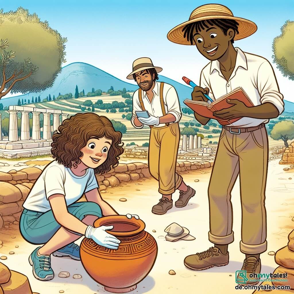 Une illustration sous forme de dessin destinée aux enfants représentant un site archéologique ensoleillé en Grèce, avec des ruines anciennes et des oliviers en arrière-plan, où une jeune femme aux cheveux bruns et bouclés, vêtue d'une chemise légère et d'un pantalon de travail, est accroupie en train de nettoyer délicatement un ancien krug en terre cuite, tandis qu'un homme grand et souriant, portant un chapeau de paille et une chemise à manches courtes, observe avec enthousiasme et prend des notes dans son carnet, illustrant ainsi l'excitation de la découverte de trésors du passé.