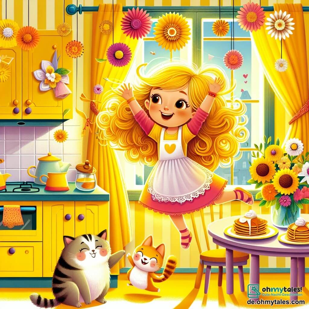 Une illustration destinée aux enfants représentant une petite fille aux boucles dorées et pétillantes comme des rayons de soleil, sautillant avec enthousiasme dans une cuisine colorée aux murs peints en jaune vif, où des fleurs en papier décorent les fenêtres et où l'odeur sucrée des pancakes fraîchement cuits flotte dans l'air, tandis qu'elle prépare avec ses deux amis, un chat espiègle au pelage tigré et un chien joyeux aux oreilles tombantes, une surprise pleine d'amour pour sa maman à l'occasion de la fête des mères.