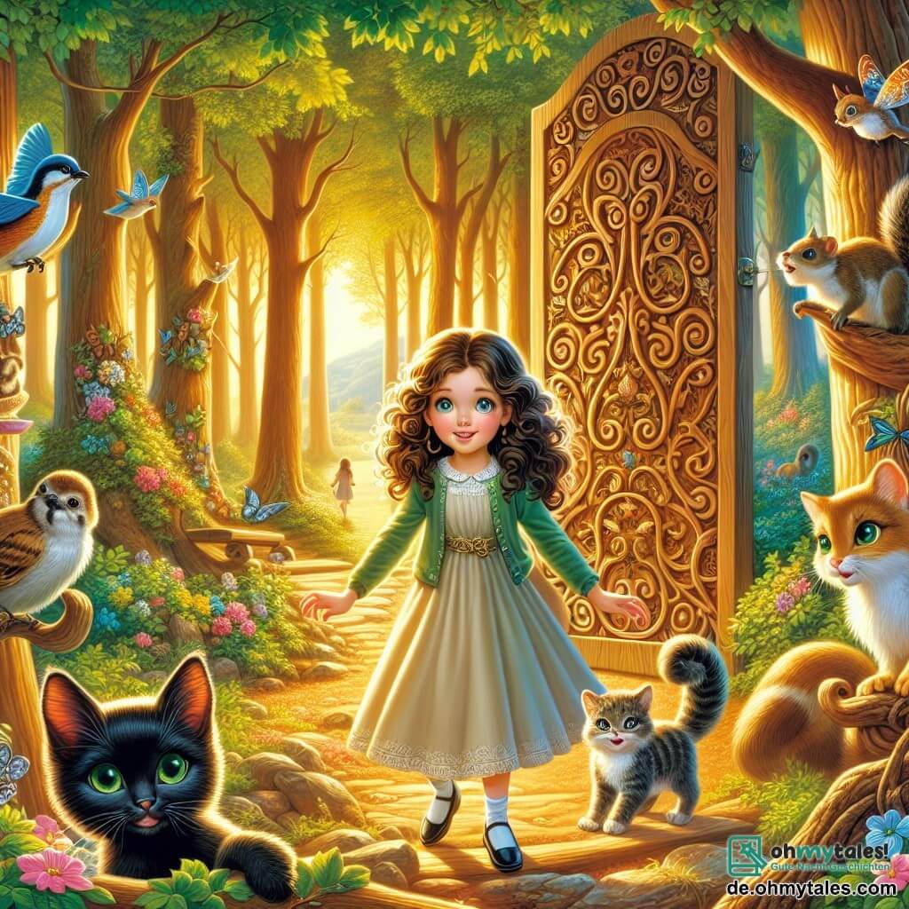 Une illustration sous forme de dessin destinée aux enfants représentant une clairière enchantée dans une forêt colorée, où une fille de 11 ans aux cheveux bruns en boucles et aux yeux pétillants, vêtue d'une robe légère, se tient devant une grande porte en bois ornée de motifs mystérieux, tandis qu'un petit chat noir aux yeux verts l'observe curieusement, et un groupe d'animaux de la forêt, dont un écureuil aux poils soyeux et un oiseau aux plumes éclatantes, l'encourage à résoudre un défi magique pour découvrir un trésor caché, le tout baigné dans une lumière dorée du matin qui illumine l'atmosphère d'une douce magie.