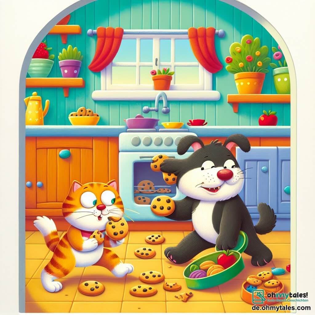 Une illustration destinée aux enfants représentant un chien malicieux tentant de voler des biscuits à un chat gourmand dans une cuisine colorée et joyeuse.