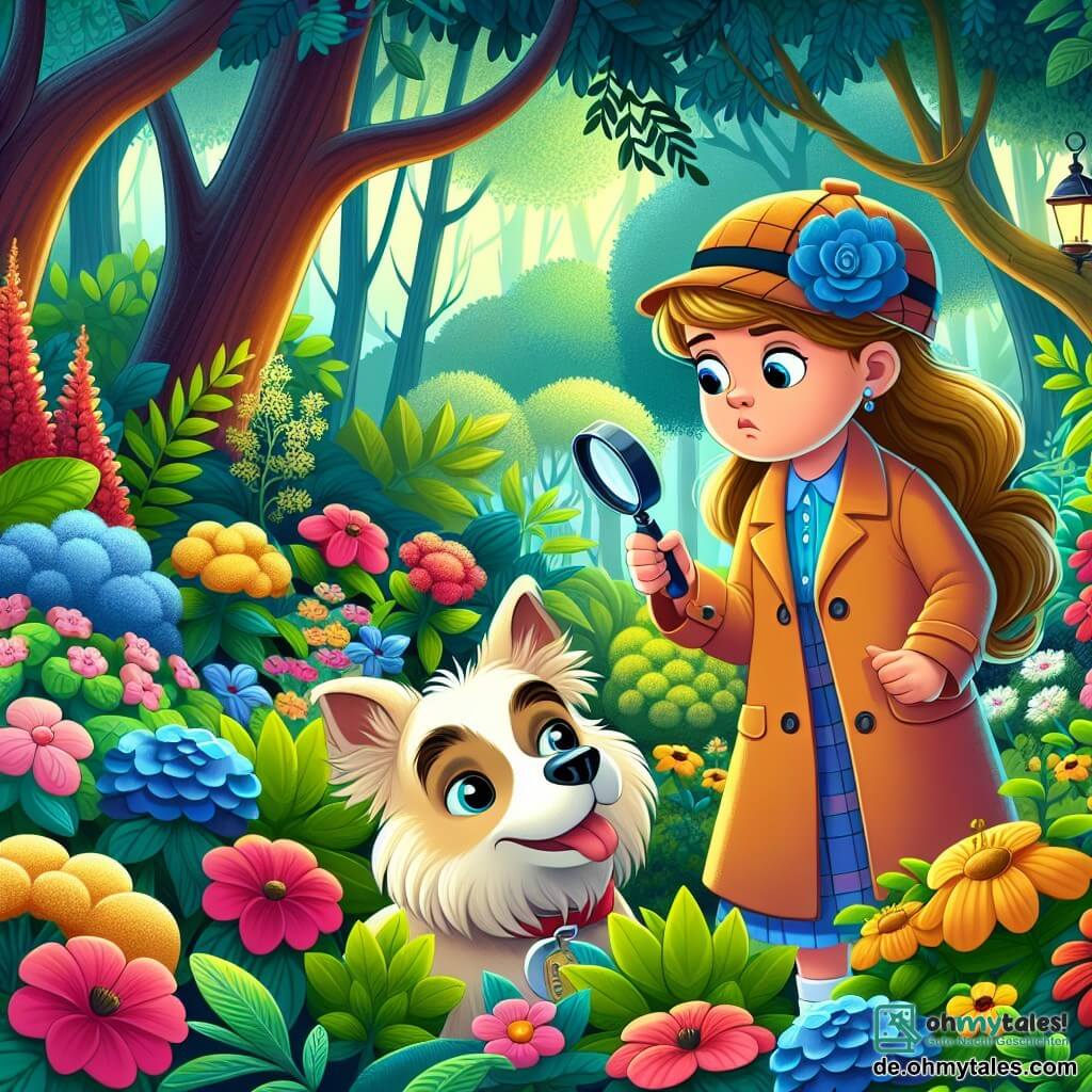 Une illustration destinée aux enfants représentant une fillette curieuse enquêtant avec son fidèle chien détective dans un jardin enchanté rempli de fleurs colorées et d'arbres mystérieux.