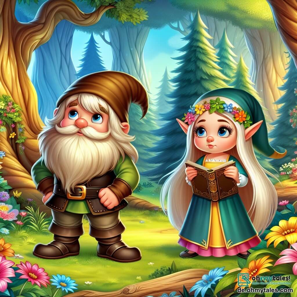 Une illustration destinée aux enfants représentant un lutin courageux, une petite elfe triste, et un magnifique bois enchanté aux arbres géants et aux fleurs colorées, où une quête magique commence pour retrouver un objet perdu.