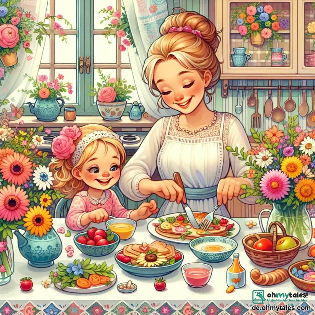 Une illustration destinée aux enfants représentant une petite fille pleine d'enthousiasme et d'amour, préparant un délicieux petit-déjeuner pour sa maman avec l'aide de sa grande sœur, dans une cuisine chaleureuse et colorée remplie de fleurs et de décorations de fête des mères.