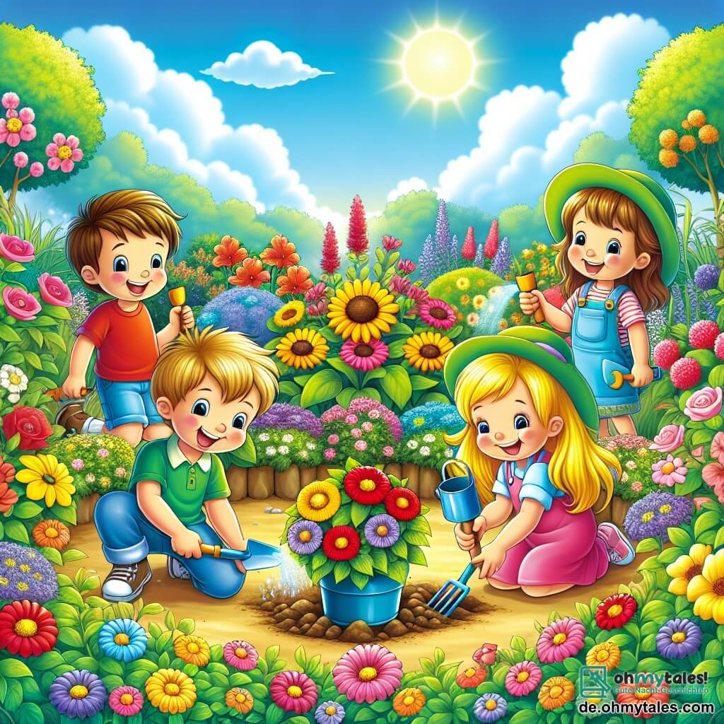 Eine Illustration zeigt einen blühenden Garten im Frühling mit bunten Blumen in Gelb-, Rot-, Rosa- und Violetttönen, umgeben von üppigem Grün. In der Mitte sind vier Kinder aktiv: ein 8-jähriger Junge mit braunen Haaren und Brille, der eine kleine blaue Schaufel hält, ein 7-jähriger Junge mit blonden Haaren und rotem T-Shirt, der den Boden gräbt, ein 6-jähriges Mädchen mit langen blonden Haaren in einem rosa Kleid, das kniet, um die Blumen zu bewundern, und ein 8-jähriges Mädchen mit kastanienbraunen Haaren und einer grünen Mütze, das die Pflanzen mit einer kleinen Gießkanne gießt. Die Kinder strahlen vor Begeisterung und Freude. Im Hintergrund ein hellblauer Himmel mit einigen weißen Wolken und strahlender Sonne, die der fröhlichen Frühlingsszene eine warme Atmosphäre verleihen.