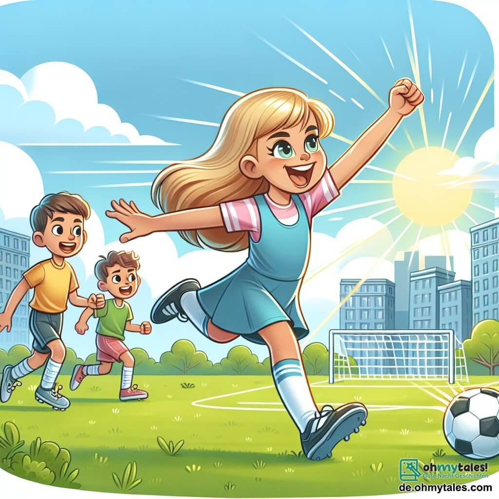 Une illustration destinée aux enfants représentant une petite fille passionnée de football montrant son talent lors d'un match contre des garçons, dans un parc ensoleillé de la petite ville de Sonnenblick.