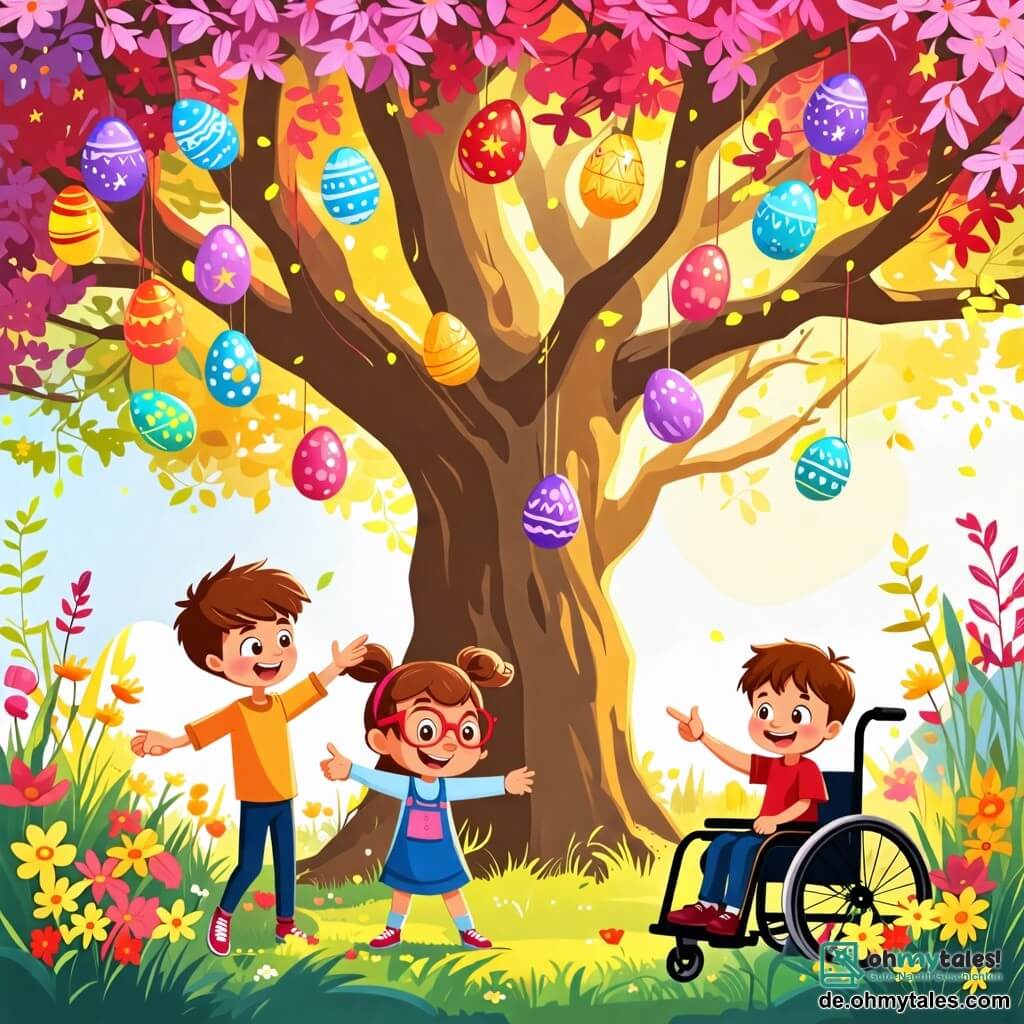 Illustration eines magischen Gartens im Frühling, gefüllt mit bunten Blumen mit leuchtend roten, gelben und violetten Blütenblättern. In der Mitte steht ein großer Baum mit Zweigen, die mit bunten Ostereiern beladen sind, die unter der Sonne funkeln. Drei Kinder stehen vor dem Baum: ein siebenjähriger Junge mit zerzausten braunen Haaren und einem strahlenden Lächeln, der auf ein glänzendes Ei zeigt; ein siebenjähriges Mädchen mit geflochtenen blonden Haaren und runden Brillen, das vor Freude springt und funkelnde Augen hat; und ein siebenjähriger Junge im Rollstuhl mit kastanienbraunen Haaren und einem entschlossenen Blick, der eine magische Karte hält. Die Szene zeigt die Kinder, die ein funkelnedes Ei versteckt zwischen den Blumen entdecken, umgeben von bunten Schmetterlingen und einer kleinen leuchtenden Fee, die sie mit einem wohlwollenden Lächeln beobachtet. Die Stimmung ist fröhlich und voller Magie, mit Sonnenstrahlen, die durch die Blätter des Baumes filtern.