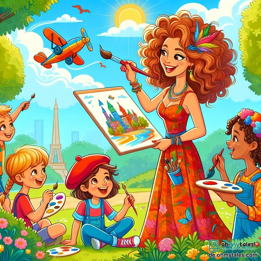 Une illustration sous forme de dessin destinée aux enfants représentant un parc ensoleillé de couleurs vives, où une femme artiste aux cheveux châtains bouclés et aux vêtements éclatants, tenant un pinceau et une palette, est entourée de plusieurs enfants, dont un garçon avec une casquette rouge qui peint un avion et une fille aux tresses qui dessine un château, tous riant et s'amusant ensemble, capturant l'esprit de la créativité et de la collaboration artistique.