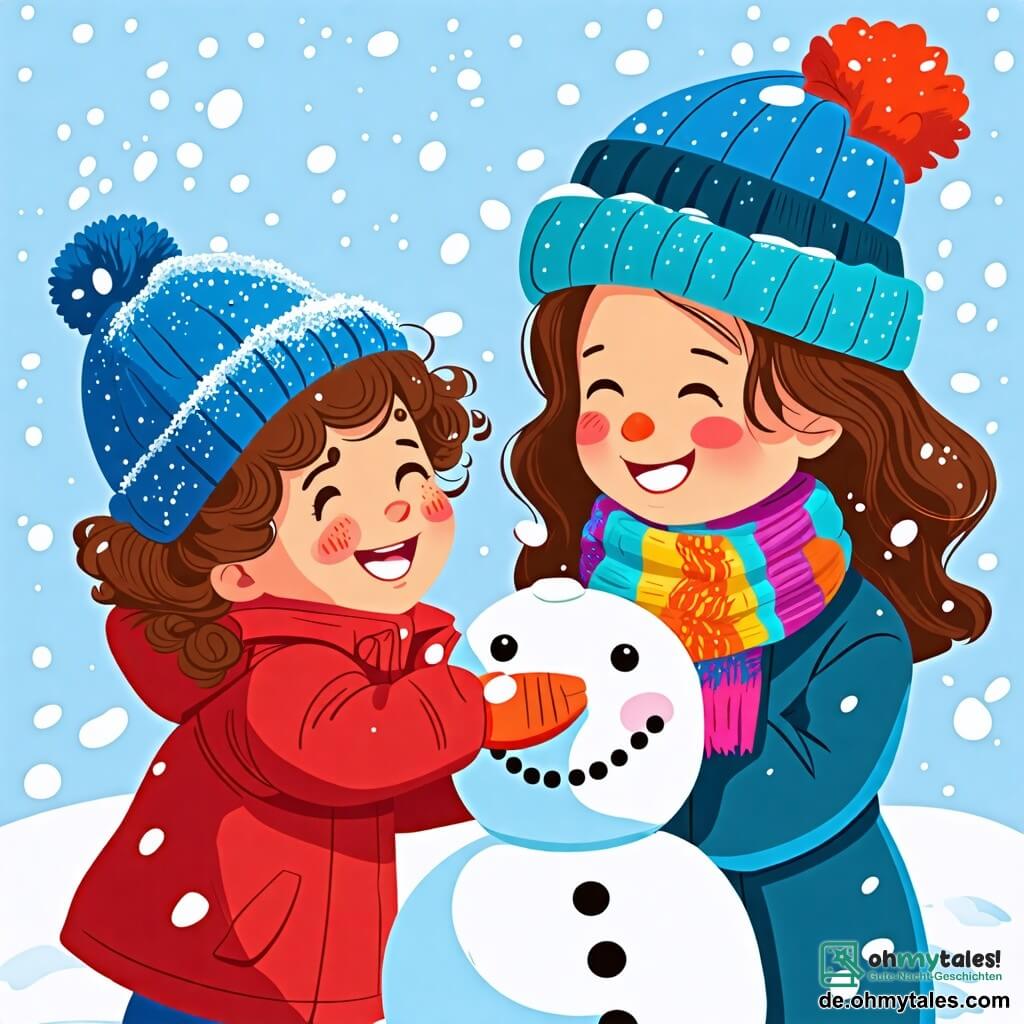 Une illustration sous forme de dessin destinée aux enfants représentant un paysage hivernal féérique avec un sol recouvert de neige scintillante, où une petite fille de 2 ans aux cheveux bruns et bouclés, vêtue d'une chaude veste rouge et d'une mignonne bonnet bleu, rit joyeusement en construisant un bonhomme de neige avec sa maman, une femme souriante aux cheveux châtains, portant une écharpe colorée, qui façonne la tête du bonhomme de neige, tandis que des flocons de neige tombent doucement du ciel bleu clair, créant une atmosphère magique et joyeuse.