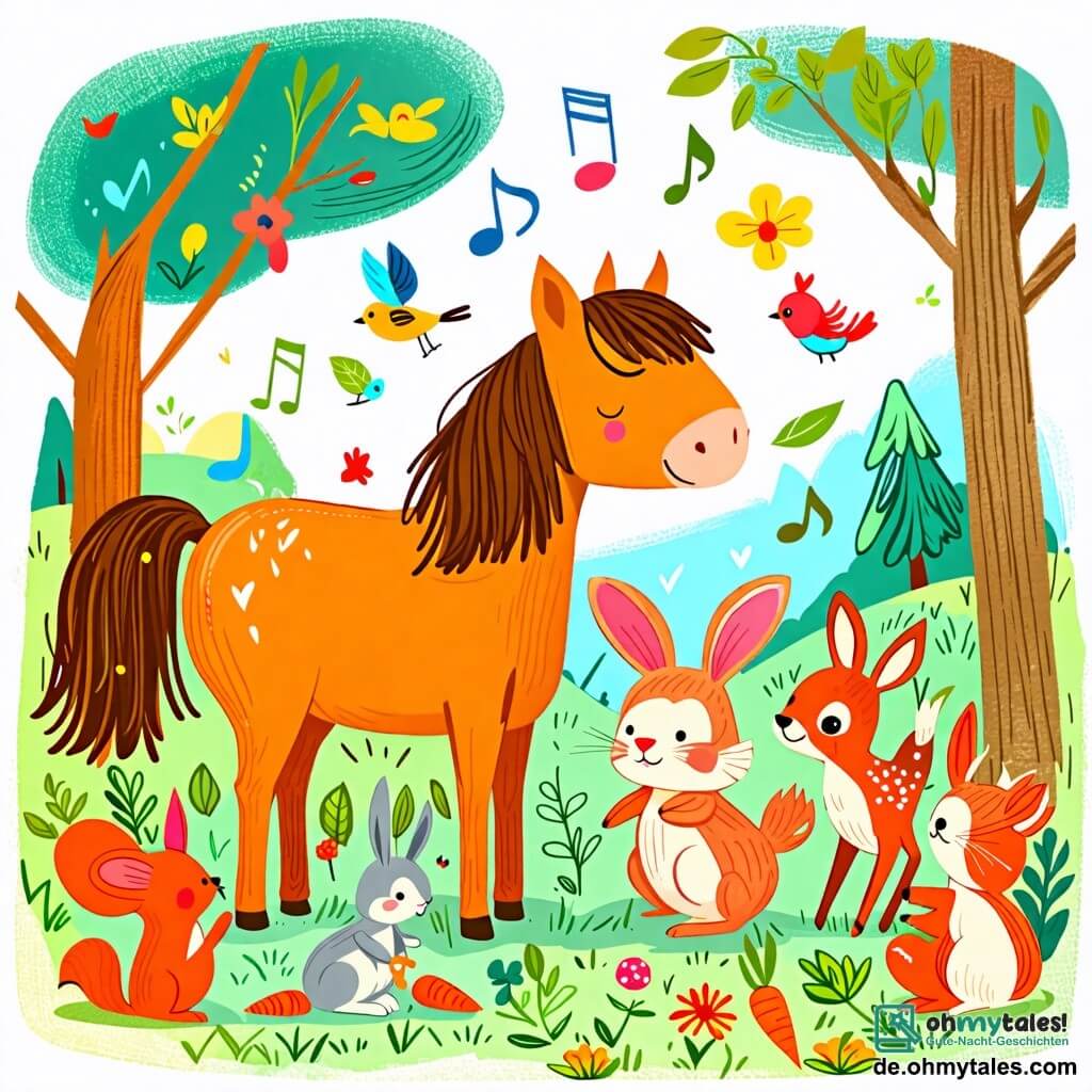 Une illustration sous forme de dessin destinée aux enfants représentant un joyeux et coloré paysage forestier, avec un cheval à la crinière brune brillante qui chante gaiement, entouré d'un petit lapin aux grandes oreilles et d'un oiseau coloré qui se joignent à lui, tandis que des animaux curieux comme des écureuils et des cerfs s'approchent pour écouter la mélodie entraînante sur les délices des carottes et du salat.