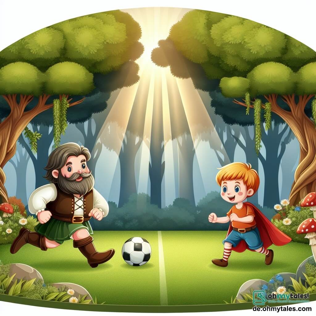 Une illustration destinée aux enfants représentant un garçon courageux sur un terrain de football, accompagné de son meilleur ami, un garçon confiant, jouant sous le soleil filtrant à travers les majestueux arbres d'une forêt enchantée.