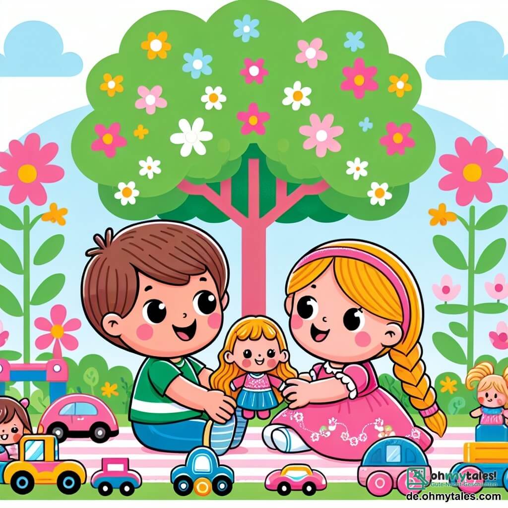 Une illustration sous forme de dessin destinée aux enfants représentant un jardin coloré avec des fleurs éclatantes et un grand arbre, où un garçon de 3 ans aux cheveux bruns et aux yeux pétillants joue joyeusement avec une poupée, tandis qu'une petite fille de 4 ans aux cheveux blonds et tressés, vêtue d'une robe rose, l'observe avec un sourire, illustrant leur amitié et leur égalité en jouant ensemble, entourés de jouets variés comme des voitures et des poupées, symbolisant le partage et l'inclusivité.