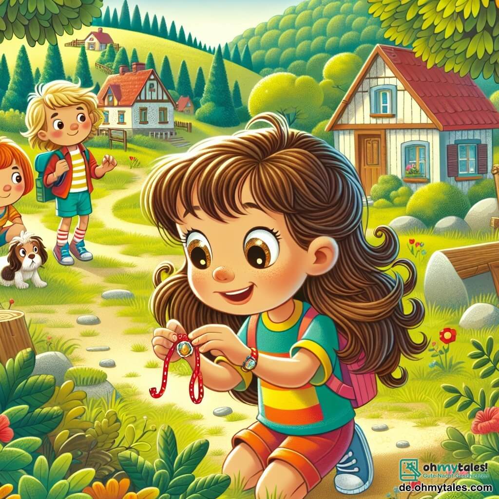 Une illustration sous forme de dessin destinée aux enfants représentant une scène ensoleillée dans un petit village entouré de collines verdoyantes, où une fille de 9 ans avec de longs cheveux bruns en désordre et des yeux pétillants, vêtue d'un t-shirt coloré et d'un short, examine attentivement un collier rouge sur le sol, tandis que deux de ses amis, un garçon aux cheveux blonds et une fille aux cheveux bouclés, l'observent avec curiosité, tous trois en quête de leur chien disparu, Max, dans une ambiance d'aventure et de mystère.