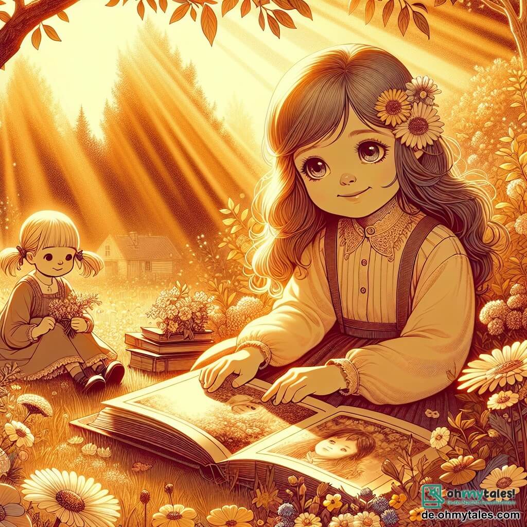 Une illustration sous forme de dessin destinée aux enfants représentant un jardin en fleurs, baigné par la lumière dorée du soleil, avec une fille de 11 ans aux longs cheveux bruns, assise sur l'herbe, les yeux remplis de larmes et un sourire nostalgique, feuilletant un vieux photoalbum, tandis qu'à ses côtés, une petite fille blonde aux couettes joue avec des fleurs, symbolisant l'innocence et l'amitié, le tout évoquant un moment de douceur et de souvenir face à la perte d'un être cher.