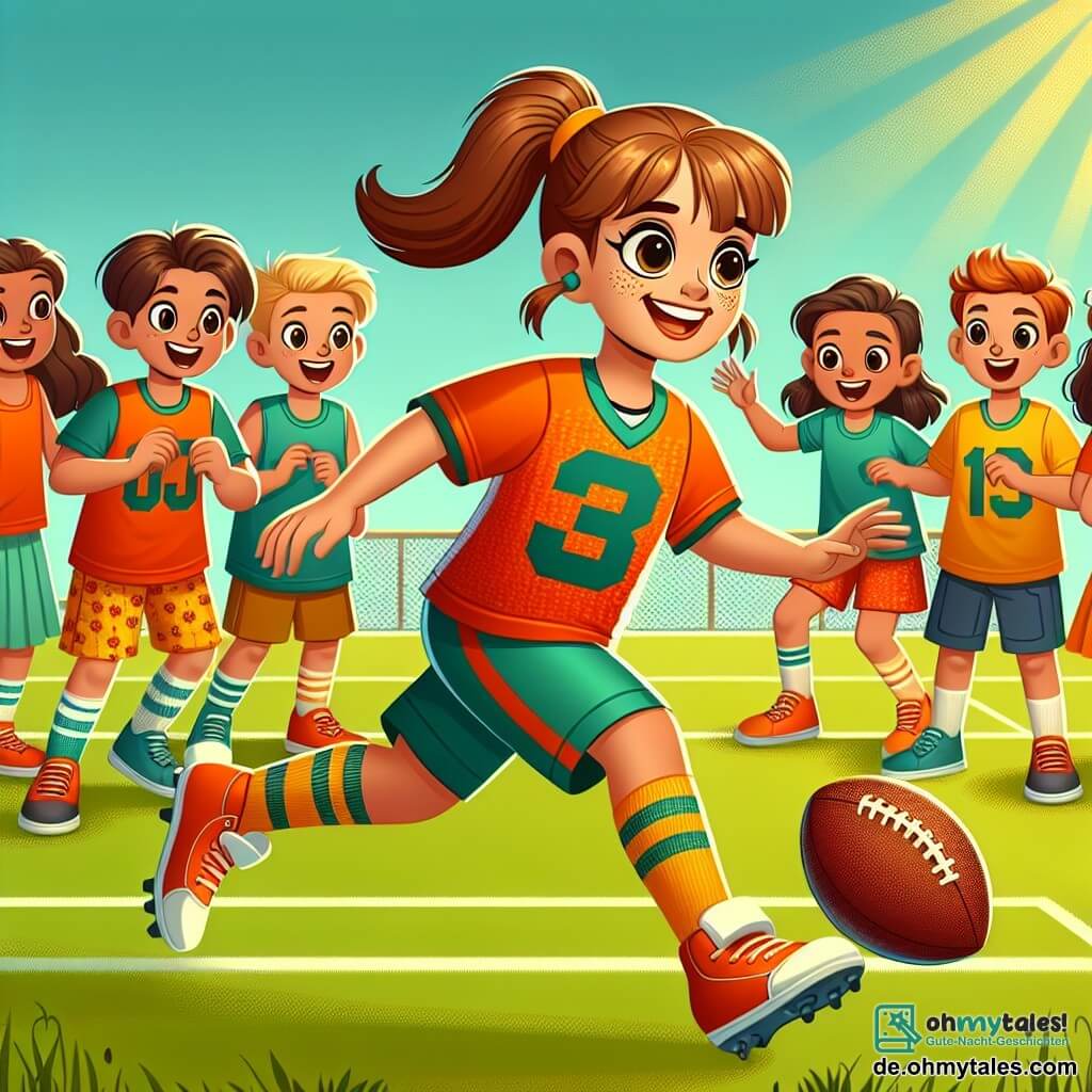 Une illustration sous forme de dessin destinée aux enfants représentant un terrain de football ensoleillé, avec une jeune femme aux cheveux bruns en queue de cheval, portant un maillot de football coloré et un short, dribblant habilement un ballon, entourée de plusieurs enfants, garçons et filles, aux visages joyeux et enthousiastes, qui l'observent avec admiration et impatience, alors qu'ils s'apprêtent à participer à un entraînement de football, symbolisant l'esprit d'équipe et la passion du sport.